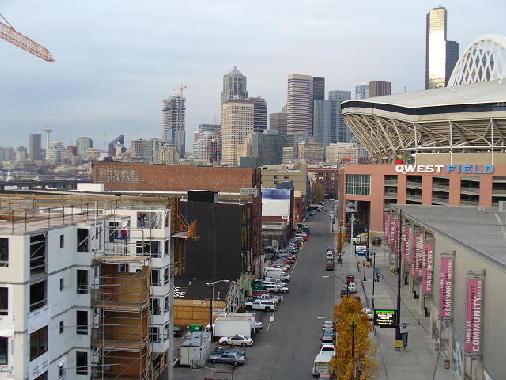 The skyline and Qwest Field.